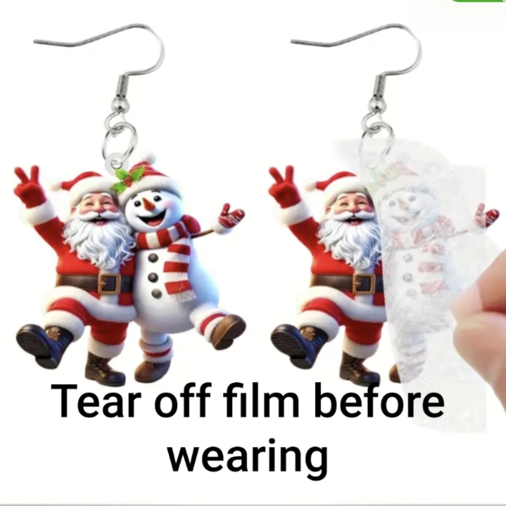 Santa & Frosty Christmas Earrings Acrylic Stainless Steel Holiday Dangle - Picture 4 of 4